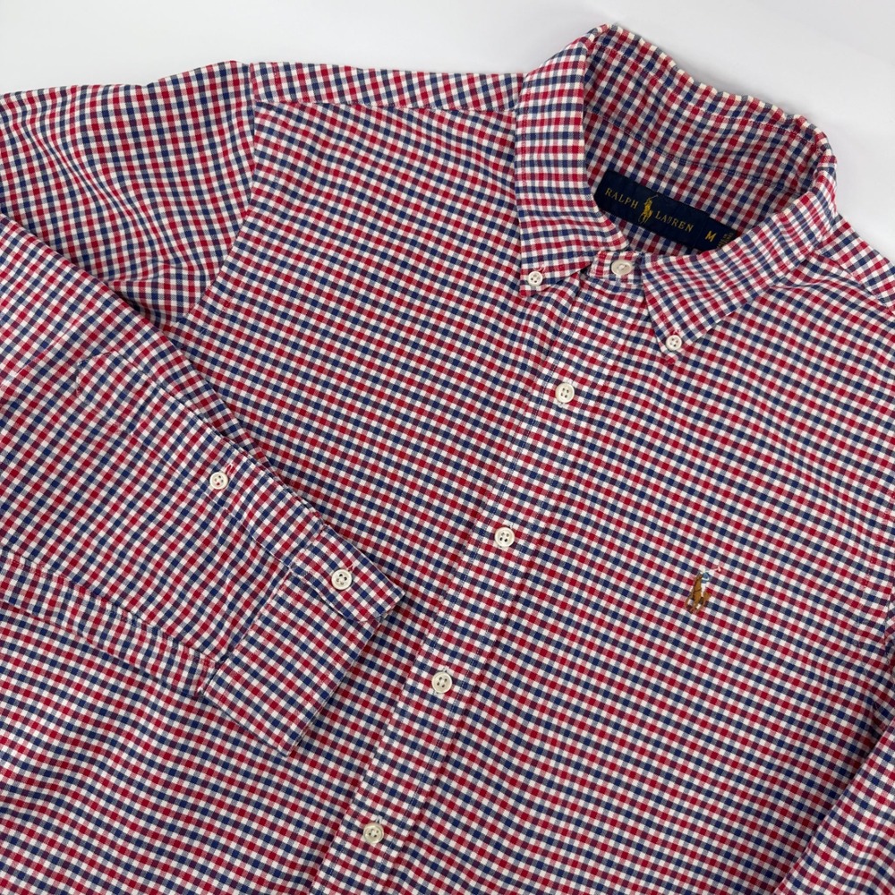Ralph Lauren Button Down Shirt Mens M Red Blue Gingham Check Long Sleeve Pony